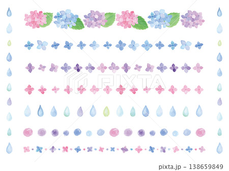 水彩のカラフルなあじさいや梅雨イメージの飾り線セット 138659849