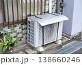 エアコンの室外機、強い日差しを遮る日よけカバーが取り付けられた室外機 138660246