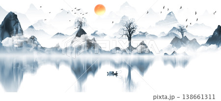 New Chinese and Japanese style landscape architecture illustration with traditional aesthetic art imagery 138661311