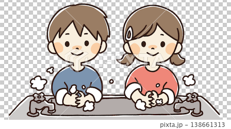 Hand-drawn illustration of a child washing their hands Hand-drawn illustration of a child washing their hands 138661313