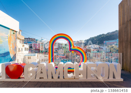 I love Gamcheon sign with rainbow heart in colorful village 138661458