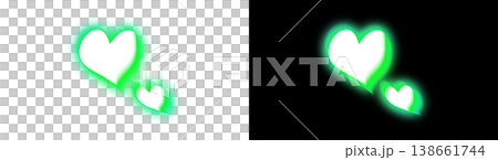 Two glowing green hearts, one on a transparent background and the other on a black background. Two glowing green hearts, one on a transparent background and the other on a black background. 138661744
