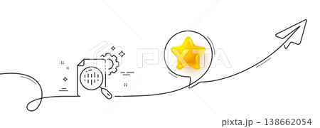 Seo stats line icon. Continuous line with share plane. Settings cogwheel sign. Traffic management symbol. 3d star in speech bubble. Seo stats single line ribbon. Loop curve pattern. Vector 138662054