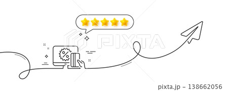 Online shopping line icon. Continuous line with share plane. Sale discount sign. Black friday symbol. Five star rate review in speech bubble. Online shopping single line ribbon. Vector Online shopping line icon. Continuous line with share plane. Sale discount sign. Black friday symbol. Five star rate review in speech bubble. Online shopping single line ribbon. Vector 138662056