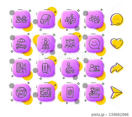Smile face, Sunbed and Contactless payment line icons. App 3d buttons. Social media comment, share, like icons. Pack of Online education, Squad, Success icon. Vector Smile face, Sunbed and Contactless payment line icons. App 3d buttons. Social media comment, share, like icons. Pack of Online education, Squad, Success icon. Vector 138662066