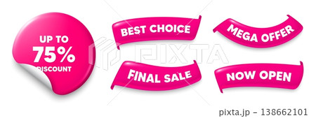 Discount tag sticker, Sale offer ribbons. Best choice, Now open. Up to 75 percent discount. Sale offer price sign. Special offer symbol. Save 75 percentages. Pink sticker tag. Vector Discount tag sticker, Sale offer ribbons. Best choice, Now open. Up to 75 percent discount. Sale offer price sign. Special offer symbol. Save 75 percentages. Pink sticker tag. Vector 138662101