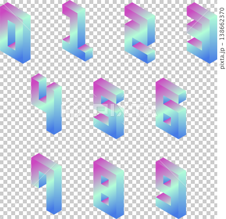 ネオンカラーのグラデーション 3D 数字 レトロ シティポップ 06 138662370