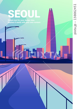 Seoul cityscape modern skyline tall tower river bridge colorful gradient background streetlights urban architecture travel destination 138662451