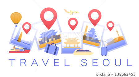 Travel Seoul tourism landmarks cityscape suitcase airplane hot air balloon cruise ship location pins modern flat design banner 138662453