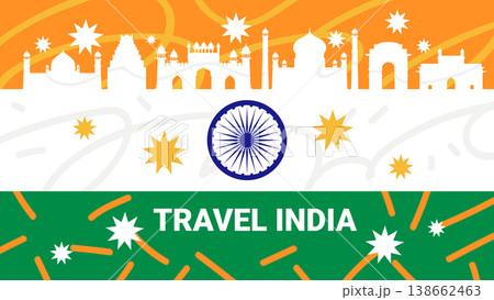 India landmarks skyline tourism concept national monuments Ashoka Chakra orange white green abstract background modern banner 138662463