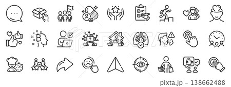 Teamwork question, Dislike and Man love line icons pack. Share, Message, Paper plane icons. Like, Touchscreen gesture, Mental health web icon. Ranking, Meeting time, Online voting pictogram. Vector 138662488