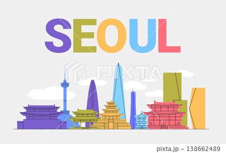 Seoul city skyline travel landmarks modern architecture traditional buildings colorful flat design urban landscape clouds 138662489