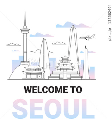 Seoul city skyline travel landmarks airplane modern architecture linear outline urban landscape pastel clouds website banner Seoul city skyline travel landmarks airplane modern architecture linear outline urban landscape pastel clouds website banner 138662494
