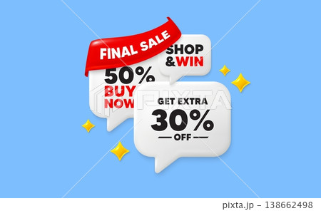 Extra discount speech bubbles. Final sale flag ribbon. Get Extra 30 percent off Sale. Discount offer price sign. Special offer symbol. Save 30 percentages. Vector 138662498