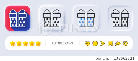 Gift box line icon. Neumorphic, Flat shadow, 3d buttons. Present or Sale sign. Birthday Shopping symbol. Package in Gift Wrap. Line gift box icon. Social media icons. Vector Gift box line icon. Neumorphic, Flat shadow, 3d buttons. Present or Sale sign. Birthday Shopping symbol. Package in Gift Wrap. Line gift box icon. Social media icons. Vector 138662521