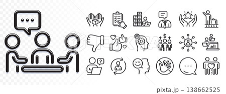 Person info, Luggage belt and Dislike hand line icons for web app. Glare of light effect. Message icon. Pack of Online question, Inventory, Networking pictogram icons. Vector 138662525