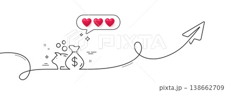 Loan line icon. Continuous line with share plane. Business mortgage sign. Piggy bank symbol. Hearts rate review in speech bubble. Loan single line ribbon. Loop curve pattern. Vector Loan line icon. Continuous line with share plane. Business mortgage sign. Piggy bank symbol. Hearts rate review in speech bubble. Loan single line ribbon. Loop curve pattern. Vector 138662709