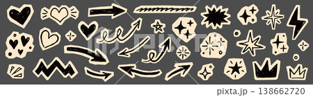 Scrapbook collage element sticker set. Hand drawn paper cut collage with crayon doodle line sketch texture background. Cute retro journal notebook scrap heart star circle arrow lightning crown. Vector Scrapbook collage element sticker set. Hand drawn paper cut collage with crayon doodle line sketch texture background. Cute retro journal notebook scrap heart star circle arrow lightning crown. Vector 138662720
