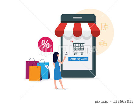 Woman Shopping Online With Mobile Phone App Stock Illustration. 138662813