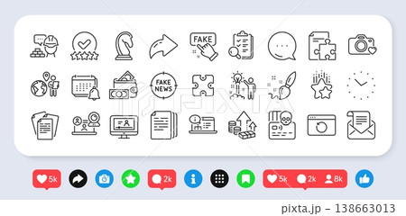 Online documentation, Online video and Fake information line icons pack. Social media: share, comment, like icons. Rating stars, Creative idea, Recovery internet web icon. Vector 138663013