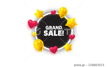 Grand sale picture frame banner. Circle photo frame. Grand sale tag. Special offer price sign. Advertising discounts symbol. 3d balloons as hearts, stars. Grain dots pattern. Vector Grand sale picture frame banner. Circle photo frame. Grand sale tag. Special offer price sign. Advertising discounts symbol. 3d balloons as hearts, stars. Grain dots pattern. Vector 138663015