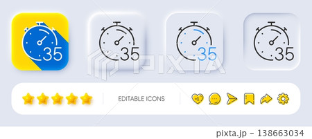 Timer 35 minutes line icon. Neumorphic, Flat shadow, 3d buttons. Stopwatch time sign. Countdown clock symbol. Line timer icon. Social media icons. Vector 138663034