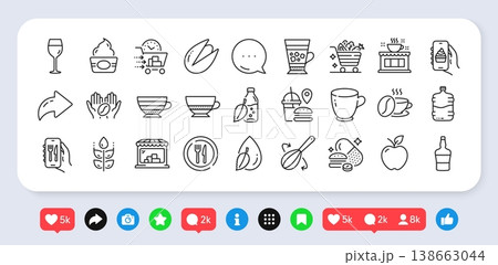 Overeating pills, Vegetables cart and Apple line icons pack. Social media: share, comment, like icons. Cappuccino, Market, Gluten free web icon. Scotch bottle, Cooking whisk, Tea cup pictogram. Vector Overeating pills, Vegetables cart and Apple line icons pack. Social media: share, comment, like icons. Cappuccino, Market, Gluten free web icon. Scotch bottle, Cooking whisk, Tea cup pictogram. Vector 138663044