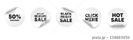 Discount sticker tag. Season sale, Black friday paper price banners. 50 percent discount tag. Sale offer price sign. Special offer symbol. Click here sticker. Vector 138663050