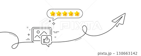 Like photo line icon. Continuous line with share plane. Thumbs up sign. Positive feedback, social media symbol. Five star rate review in speech bubble. Like photo single line ribbon. Vector 138663142
