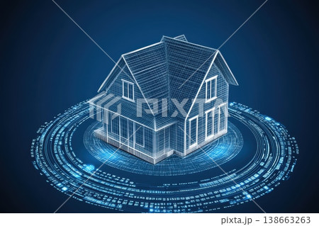 Digital Wireframe House Model in a Vortex of Data and Technology Visualization Digital Wireframe House Model in a Vortex of Data and Technology Visualization 138663263