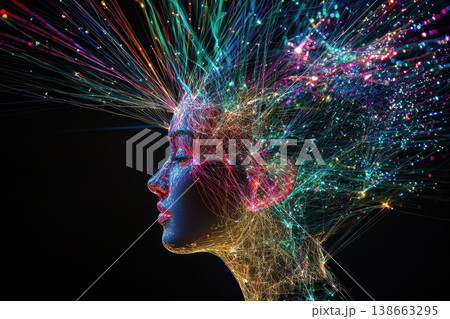 Abstract representation of human consciousness with colorful light trails and vivid energy flows Abstract representation of human consciousness with colorful light trails and vivid energy flows 138663295