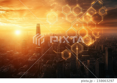 Cybernetic Cityscape at Twilight with Golden Light and Futuristic Elements 138663297