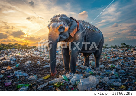 Weary Elephant Surrounded by Patches of Plastic Waste at Sunset in Nature's Ruins 138663298