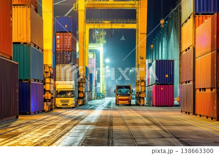 Dramatic Night Time Scene of International Cargo Containers and Trucks at Port Dramatic Night Time Scene of International Cargo Containers and Trucks at Port 138663300