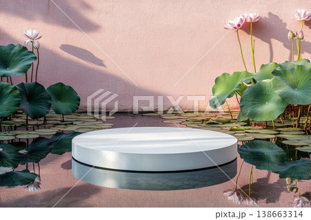 Circular White Pedestal on Calm Surface Surrounded by Floating Lily Flowers and Green Leaves Circular White Pedestal on Calm Surface Surrounded by Floating Lily Flowers and Green Leaves 138663314