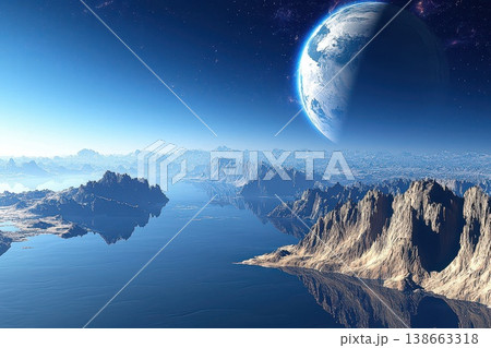 Rocky Exoplanet with Fractured Cliffs and Rolling Sand Dunes under a Bright Sky 138663318