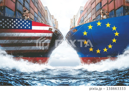Two Trade Vessels Painted in Stars and Stripes on Ocean Background Two Trade Vessels Painted in Stars and Stripes on Ocean Background 138663333