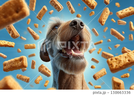 Dog Surrounded by Floating Biscuits with Bright Blue Background and Joyful Expression Dog Surrounded by Floating Biscuits with Bright Blue Background and Joyful Expression 138663336