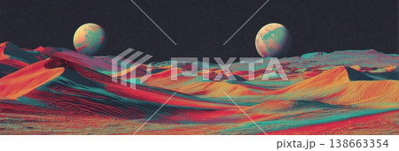 Surreal Desert Landscape with Shifting Rainbow Colored Sand and Two Moons in the Night Sky Surreal Desert Landscape with Shifting Rainbow Colored Sand and Two Moons in the Night Sky 138663354