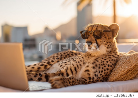 Cheetah Relaxing on Rooftop Terrace in City during Sunset with Laptop and Sunglasses 138663367