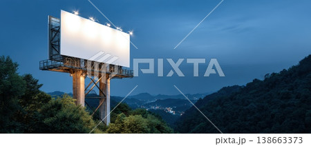 Elevated Billboard Mockup Illuminated by Glowing Lights on Walkway Surrounded by Scenic Landscape Elevated Billboard Mockup Illuminated by Glowing Lights on Walkway Surrounded by Scenic Landscape 138663373