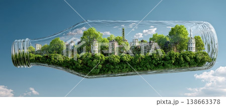 Surreal Terrarium Scene with Glass Bottle Floating Against a Clear Blue Sky Surreal Terrarium Scene with Glass Bottle Floating Against a Clear Blue Sky 138663378