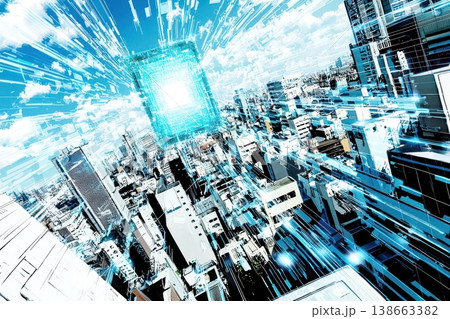 Futuristic Cityscape With AI Consciousness and Expanding Light Portal 138663382