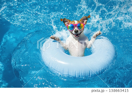 Happy Dog with Colorful Sunglasses Enjoying a Splash in a Pool with Float Happy Dog with Colorful Sunglasses Enjoying a Splash in a Pool with Float 138663415