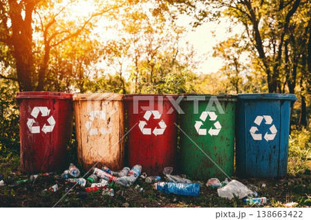 Urban Smart Recycling Station with Colorful Bins in Natural Setting 138663422
