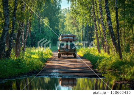 Modern Vehicle Crossing Rustic Wooden Bridge Surrounded by Lush Greenery in Nature Modern Vehicle Crossing Rustic Wooden Bridge Surrounded by Lush Greenery in Nature 138663430