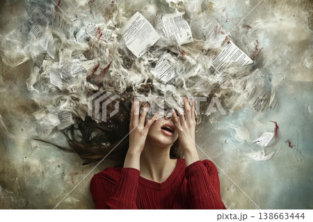 Surreal Portrait of Young Adult Overwhelmed by Fragments of Paper and Emotion Surreal Portrait of Young Adult Overwhelmed by Fragments of Paper and Emotion 138663444