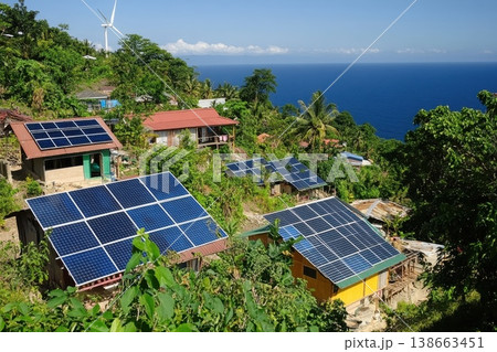 High-Tech Self-Sustaining Village on Remote Island with Solar Panels 138663451