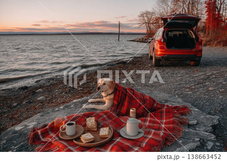 Cozy Picnic Scene by the Trunk of a Car During Golden Hour at the Lake Cozy Picnic Scene by the Trunk of a Car During Golden Hour at the Lake 138663452