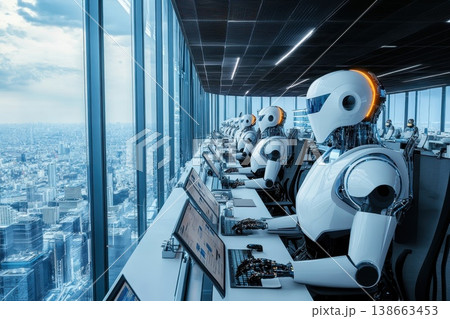 The robots are all white and have orange accents on their heads The robots are all white and have orange accents on their heads 138663453